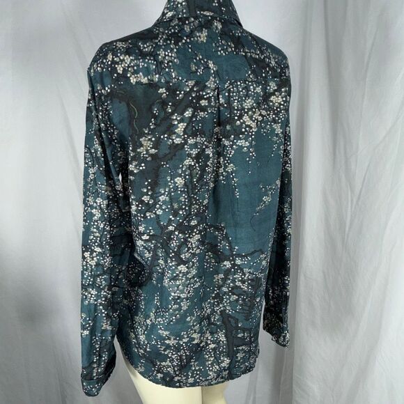 Peruvian Connection Silk Cotton Voile Button Down Shirt L Blue Floral Branch Pri - Picture 7 of 13